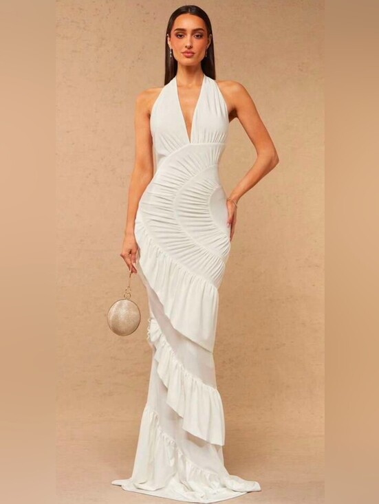 silquee Dresses & Skirts - Asymmetric One-Shoulder White Ruffled Maxi Dress